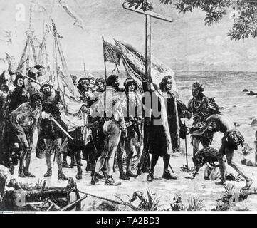 Italienische Navigator im Dienst von Spanien, Christoph Kolumbus auf seiner ersten Landung in Amerika. Die Abbildung zeigt die Willkommen Columbus und seine spanischen Besatzung von Indianern nach der Landung auf der Bahamas Insel San Salvador am 12. Oktober 1492 Stockfoto