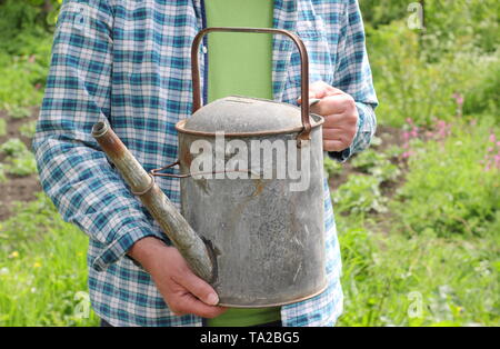 Der Mensch bereitet Garten von einem Metall Bewässerung zu Wasser kann im späten Frühjahr-UK Stockfoto