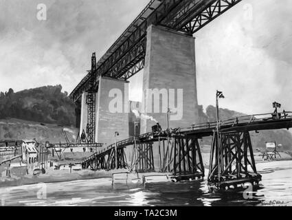 Temperamalerei von Ernst Vollbehr: 416 m lang, 21,5 m breit und 61 m hohe autobahnbrücke in der Nähe von Hannoversch-Muenden überspannt die Werra auf der Autobahn Abschnitt Goettingen-Kassel. Stockfoto