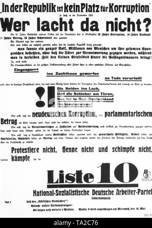 Auf diesem Poster die Nationalsozialisten versuchen, in den Mittelpunkt ihrer Wahlkampagne die Korruption des parlamentarischen Systems in der Weimarer Republik zu setzen. Stockfoto