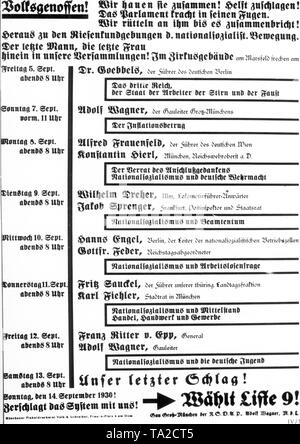 Nach dem Auseinanderbrechen der letzte Demokratische Koalition im Jahre 1930 beginnt die Zeit der Präsidentschaftswahlen Schränke. Die NSDAP erheblich mehr Stimmen und versprach, die Wähler auf Plakate wie dieses Parlaments zu zerstören. Gleichzeitig wirbt für Sitzungen der Nationalen Sozialisten auf dem Marsfeld in München. Stockfoto