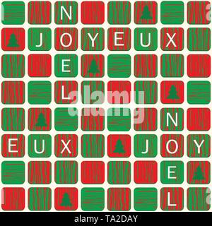 Joyeux Noel Weihnachten Design mit beschriftete Steine in Rot und Grün mit Holzstruktur und Weihnachtsbäumen. Die nahtlose Vektor Muster auf weißem Hintergrund Stock Vektor