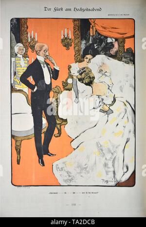 Die Zeichnung 'Der Fuerst am Hochzeitsabend' (der Prinz auf der Hochzeit Abend) von Ferdinand von reznicek. Karikatur aus der satirischen Zeitschrift implicissimus', Band 4, Ausgabe Nr. 14 (1898). Unter dem Bild: "charmant-EH-hm - Wer ist die Braut?" Stockfoto