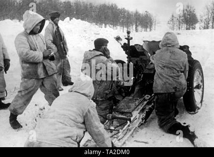 Deutsche Soldaten mit einer 7,5-cm-Pak 40 auf einem schneebedeckten Feld in der Nähe der kleinen Stadt Trosna (ca. 60 km südwestlich von Orjol (Orel). Foto der Propaganda Firma (PK): kriegsberichterstatter Lang. Stockfoto