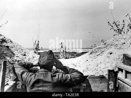 Ein deutscher Soldat beobachtet der Küste des Asowschen Meeres?? Mit dem Fernglas. Foto der Propaganda Firma (PK): kriegsberichterstatter Heuberger. Stockfoto