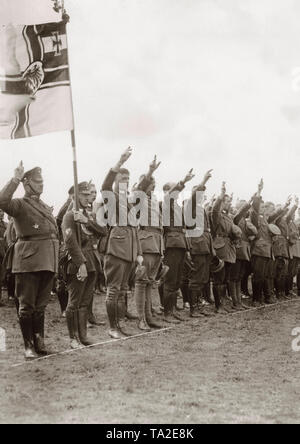 Diese stahlhelm Mitglieder in voller Uniform und Rang und Datei, heben ihre Hände wie schwor einen Eid während des 13 Reichsfrontsoldatstag (Frontline Soldaten Tag) in Berlin. Stockfoto