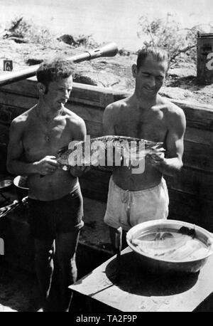 Deutsche Soldaten zeigen das Foto der Propaganda Firma (PK) Grapher ihre Hecht in den Daugava gefangen. Foto der Propaganda Firma (PK): kriegsberichterstatter. Stockfoto