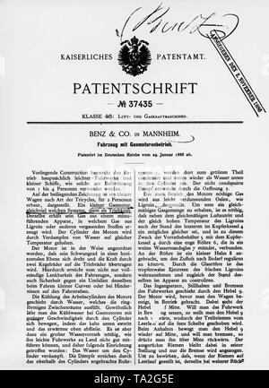 Das Patent für ein Fahrzeug mit Gasmotor, an Carl Benz am 29. Januar 1886 ausgestellt. Stockfoto