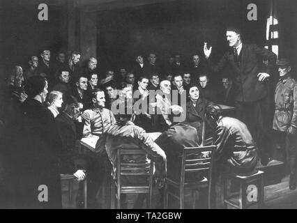 Eine Malerei nach 1933 zeigt Adolf Hitler, eine Rede vor dem noch kleinen NSDAP in München vor dem Beer Hall Putsch von 1923 (Undatiertes Foto). Stockfoto