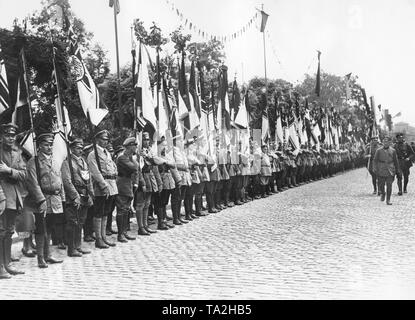 Während des Besuchs von Reichspraesident Hindenburg in Mainz Mitglieder der Stahlhelm, Line up für eine Parade mit ihren Reichskriegsfahnen, einer ihrer Anführer der Truppen kontrolliert. Stockfoto