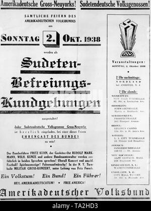 Werbung für die Sudetendeutsche Befreiung Rallye der German American Bund in New York. Im Sudetenland Krise, Hitler provoziert einen internationalen Konflikt des Sudetenlandes an das Deutsche Reich zu Anhang. Stockfoto