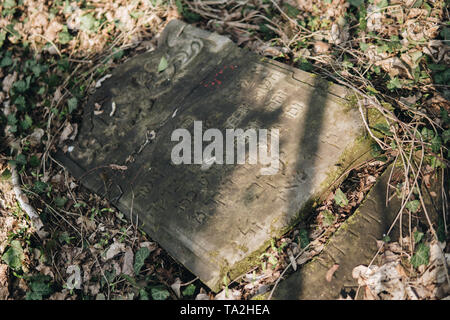 Detail der gebrochenen jüdischen matzevah vom Friedhof der Stadt Tschenstochau in Polen Stockfoto