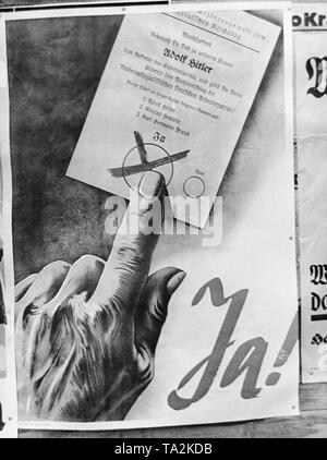 Wahlkampf für das Plebiszit. Die Sudetendeutschen werfen ihre Abstimmung über die Annexion des Sudetenlandes an das Deutsche Reich. Auf dem Plakat, ein Bild von einem stimmzettel und der Antrag für ein 'Ja!'. Stockfoto