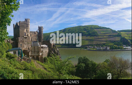 Burg Rheinstein, zwischen den Städten Bingen und Trechtingshausen, Unesco Welterbe Oberes Mittelrheintal, Rheinland-Pfalz, Deutschland Stockfoto