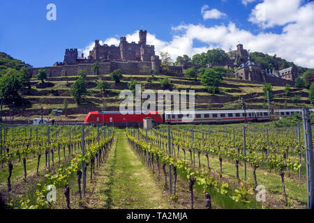 Mittelrhein Bahn auf Burg Reichenstein, Trechtingshausen, Unesco Welterbe Oberes Mittelrheintal, Rheinland-Pfalz, Deutschland Stockfoto