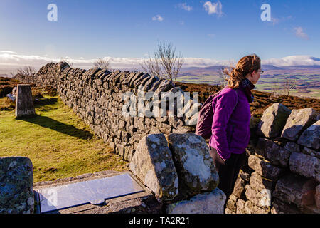 Walker in der Nähe des Trig Point auf dem Gipfel der Ros-Hügel, die Website von Ros Schloss Eisenzeit Hill fort. Chillingham, Cheviots, Northumberland, Großbritannien. November 2018. Stockfoto