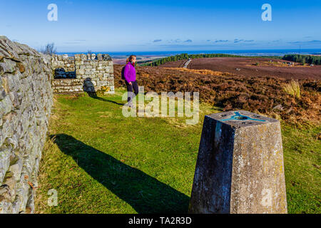 Walker neben dem trig Point auf dem Gipfel der Ros-Hügel, die Website von Ros Schloss Eisenzeit Hill fort. In der Nähe von chillingham, Northumberland, Großbritannien. November 2018. Stockfoto