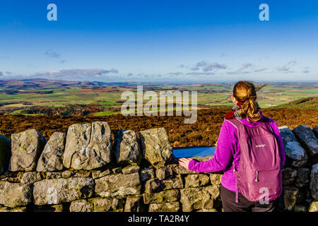 Walker, Blick vom Gipfel der Ros-Hügel, die Website von Ros Schloss Eisenzeit Hill fort. In der Nähe von chillingham, Northumberland, Großbritannien. November 2018. Stockfoto