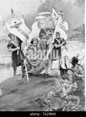 Italienische Navigator im Dienst von Spanien, Christoph Kolumbus auf seiner ersten Landung in Amerika. Die Abbildung zeigt die Willkommen Columbus und seine spanischen Besatzung von Indianern nach der Landung auf der Bahamas Insel San Salvador am 12. Oktober 1492 Stockfoto