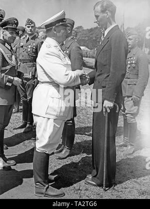 Foto von Feldmarschall Marschall Hermann Göring (im weißen Uniform) während die Vergabe eines Verwundeten pilot Oficer an einer Parade auf dem Truppenübungsplatz in der Nähe von Berlin Doeberitz am 5. Juni 1939. Stockfoto