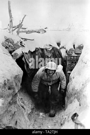 Ein Soldat Spaziergänge durch einen Schützengraben an der Ostfront bückte. Das Rohr in den Mund schlägt Pause in den Kämpfen. Foto der Propaganda Firma (PK): kriegsberichterstatter Schmidt. Stockfoto