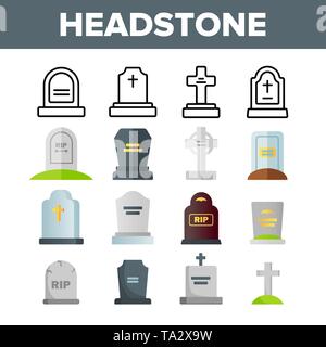 Headstone, Gravestone, Tombstone Vector Color Icons Set Stock Vektor