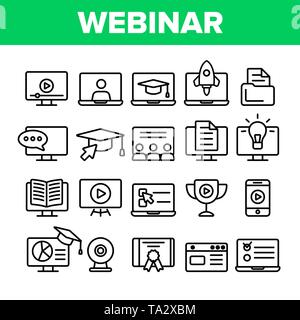 Webinar, Online Bildung Vector Linear Symbole gesetzt Stock Vektor