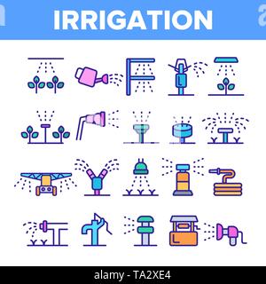 Sprinkler, Bewässerung Technik Vector Linear Symbole gesetzt Stock Vektor