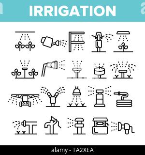 Sprinkler, Bewässerung Technik Vector Linear Symbole gesetzt Stock Vektor