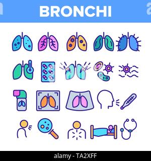 Bronchitis, allergischen Asthma Symptome Vector Linear Symbole gesetzt Stock Vektor