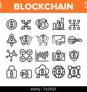 Blockchain Technologie, Cryptocurrency Vector Linear Symbole gesetzt Stock Vektor
