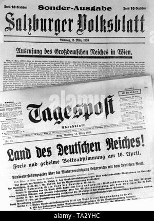 Die Salzburger Volksblatt und die tagespost Bericht über die Annexion Österreichs an das Deutsche Reich. Stockfoto