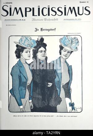 Die Zeichnung" in Heringsdorf" von Ferdinand von reznicek. Karikatur auf der Titelseite des Satiremagazins implicissimus', Band 4, Ausgabe Nr. 21 (1898). Unter dem Bild: ''Mama, hatten sie bis sie Papa?' - 'Nein, Kinner, aber er war auch nach mir!' Stockfoto