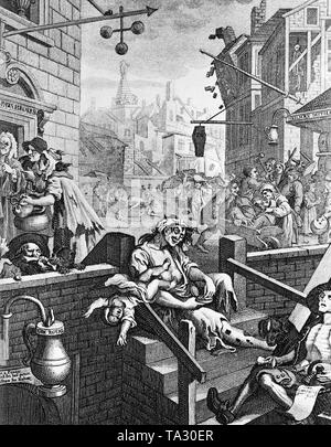 Die Gravur "Gin Lane" (1751) von William Hogarth (1697-1764) das Elend in London schildert in dem 18. Jahrhundert. Hogarth zeichnet ein Bild von London von Alkoholismus und Drogenabhängigkeit gekennzeichnet. Die Mutter im Vordergrund für Beispiel lässt Ihr Baby fallen, während sie nimmt eine Prise Schnupftabak. Stockfoto