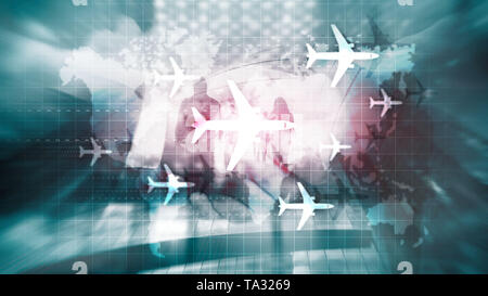 Weltkarte mit Flugrouten Flugzeuge. Global Aviation Business Tourismus. Double Exposure Hintergrund. Stockfoto