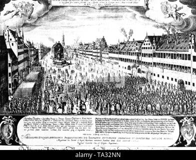 Der Kupferstich von Raphael Kustos und sein Bruder Jakob aus dem Jahr 1634 zeigt die Aufnahme von Gustav Adolf auf dem Weinmarkt in Augsburg am 24.04.1632 und der Hommage, die in der Augsburger Bürger an den schwedischen König. Stockfoto