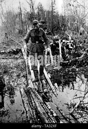 Um in der sumpfigen Landschaft im Nordwestlichen Föderalen Bezirk zu bewegen, Deutsche Soldaten gebaut Titel aus Birke Amtsleitungen. Foto der Propaganda Firma (PK): kriegsberichterstatter Ebert. Stockfoto