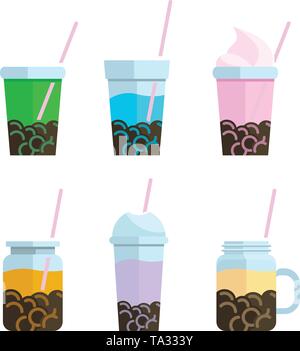 Bubble Tea Symbol im flachen Stil eingerichtet, mit Milch Kaffee, Shake, Trinken, Gießen, boba Saft und mehr. vektorlinie Abbildung Stock Vektor