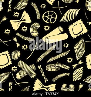 Nahtlose Muster mit italienischen Teigwaren verschiedener Art. helle gelbe Hand zeichnen auf schwarzem Hintergrund. Vector Illustration Stock Vektor