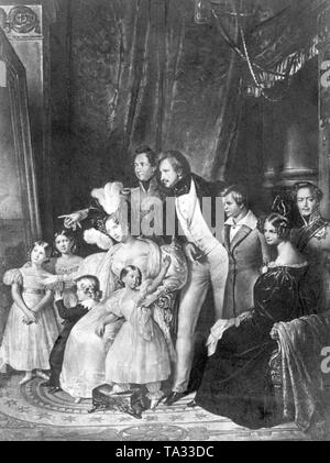 Dieses Gemälde zeigt König Ludwig I. im Kreis seiner Familie: von links nach rechts: Prinzessin Adelgunde, Prinzessin Hildegard, Prinz Adalbert, Königin Theresia, Prinzessin Alexandra, Kronprinz Max, König Ludwig I., Prinz Luitpold, der Großherzogin Mathilde von Hessen, Großherzog Ludwig von Hessen. Undatierte Gemälde, vermutlich aus den 1830er Jahren. Stockfoto