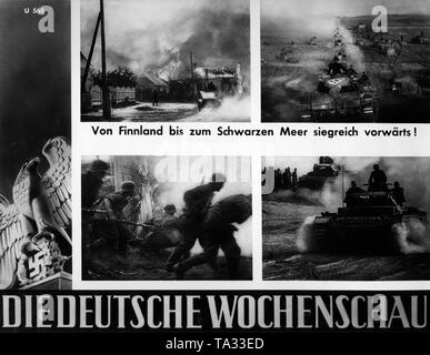 Bilder der Deutschen Wochenschau zu Beginn der Russischen Kampagne: Burning russischen Dorf (oben links), Deutsche Panzerkolonne (oben rechts), Deutsche Infanterie in der Schlacht (unten links), deutsche Panzer III (rechts unten). Stockfoto