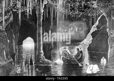 Dieses Gemälde zeigt König Ludwig II. von Bayern, Reiten Vergangenheit gipshaltigen in einem Boot mit einem Diener auf den künstlichen See von seiner Blauen Grotte in Schloss Linderhof. Ludwig II. im Jahr 1886 in der Wuermsee ertrunken, heute Starnberger See. Nach seiner Aussage am 9. Juni 1886, sein Onkel Luitpold übernahm, als Prinz Regent, der staatlichen Angelegenheiten des bayerischen Königreiches. Durch seine Tätigkeit als Erbauer von vielen bekannten bayerischen Schlösser, König Ludwig II. erhielt den Spitznamen "Märchenkönigs". Stockfoto