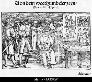 Patient ist von einem Zahnarzt behandelt. Über dem Bild steht geschrieben: 'Von dem weethumbder Zeen/Das XCIIII. (94.) Capitel." Undatiert Foto, um 1550. Stockfoto