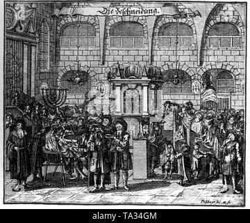 Die Darstellung von Paul Christian Kirchner's Sammlung Juedisches Ceremoniell (Jüdische Zeremonien) nach einem Kupferstich von Johann Georg Puschner soll die Beschneidung im Judentum zu zeigen. Stockfoto