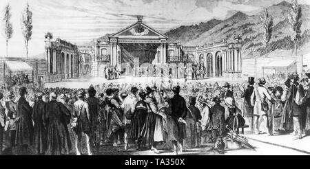 Zeitgenössische Darstellung der Oberammergauer Passionsspiele um 1840. Stockfoto