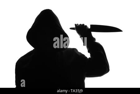 Silhouette der Bösewicht mit scharfen Messer auf weißem Hintergrund Stockfoto