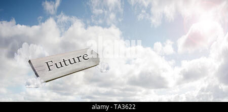 Zeichen im blauen Himmel mit dem Wort Zukunft mit Tageslicht und Platz für Text, 3D-Rendering Stockfoto