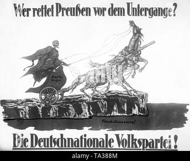 Bei der Wahl zur Nationalversammlung im Januar 1919, das wahlplakat der DNVP (Deutsche Nationale Volkspartei) präsentiert der deutsche Staat als eine Pferdekutsche, die bedroht ist durch ein Skelett angetrieben werden in eine revolutionäre Sumpf, und die Pferde erschreckt. Die Beschwerde sagt: 'Wer spart Preußen von Karies? Die deutsche Nationale Volkspartei! ' Stockfoto