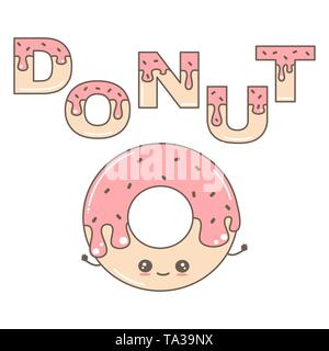 Cute cartoon Vector Illustration mit Wort Donut mit Glasur und Donut Charakter Stock Vektor