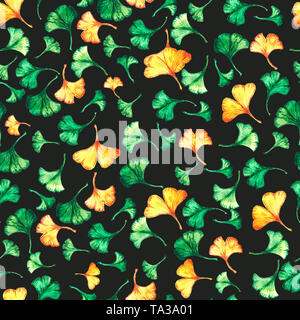 Ginkgo Biloba Blätter Blumen Aquarell nahtlose Muster auf schwarzem Hintergrund. Baum Pflanze bekannt als Ginko oder gingko. Stockfoto